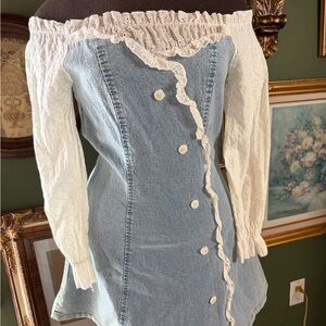 Denim Off-Shoulder Dress with Lace Sleeves
